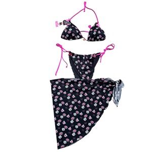 Betsey Johnson XL Black Pink Lips Roses 3pc Triangle Bikini Swimsuit Sarong Set